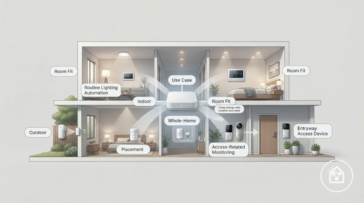 Annotiertes Beispiel für Einsatzbereich und Raum-Passung bei Smart-Home-Geräten