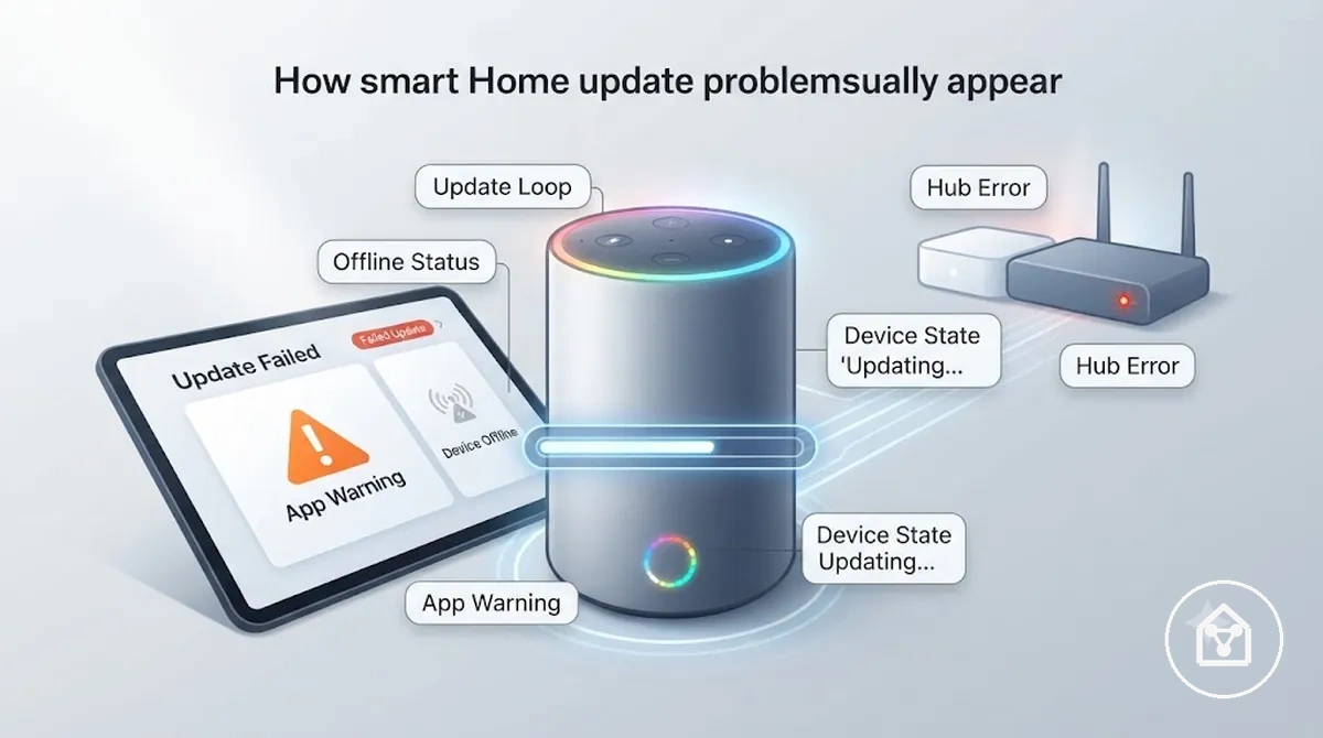 Häufige Anzeichen von Update-Problemen bei Smart-Home-Geräten, dargestellt an einem Gerät und einer Steuerungs-App