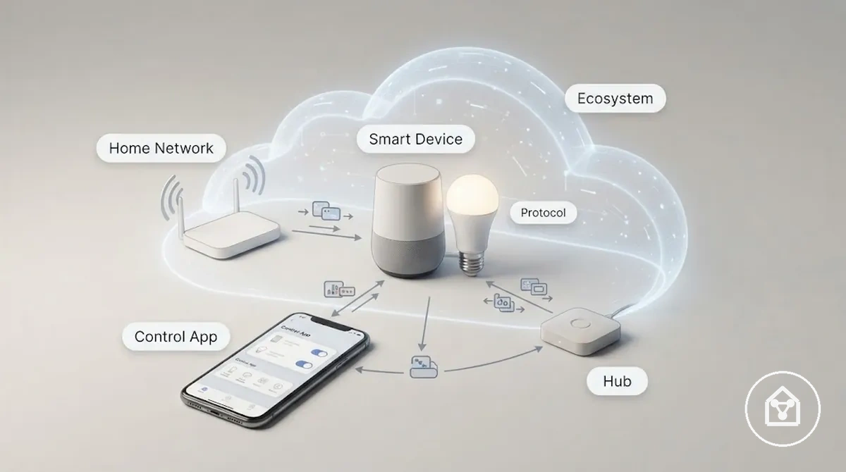 Diagramm, das die Vernetzung von Smart-Home-Geräten zwischen Gerät, Netzwerk, Hub und App darstellt