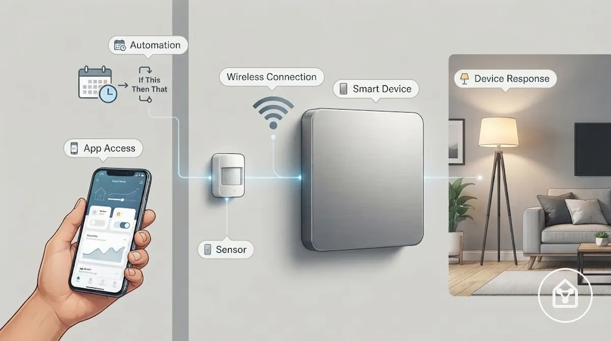 Beschriftetes Smart-Home-Gerät mit Sensor, App-Zugriff, drahtloser Verbindung und automatisierter Reaktion