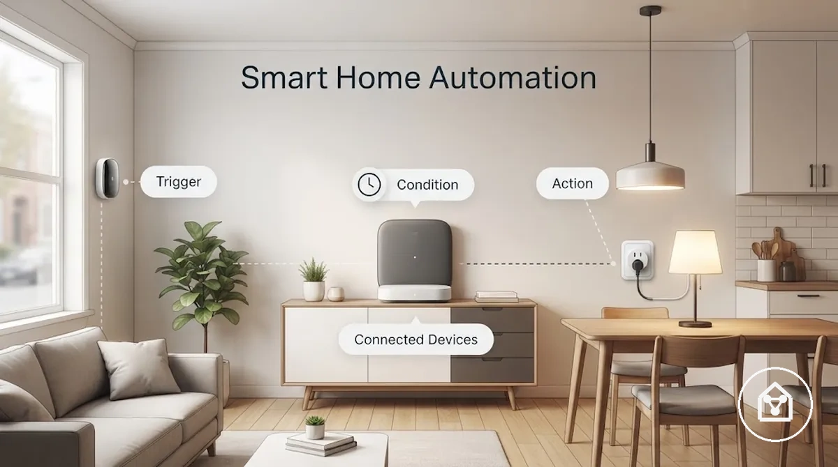 Diagramm, das einen Smart-Home-Automationsauslöser, eine Bedingung und eine Geräteaktion zeigt