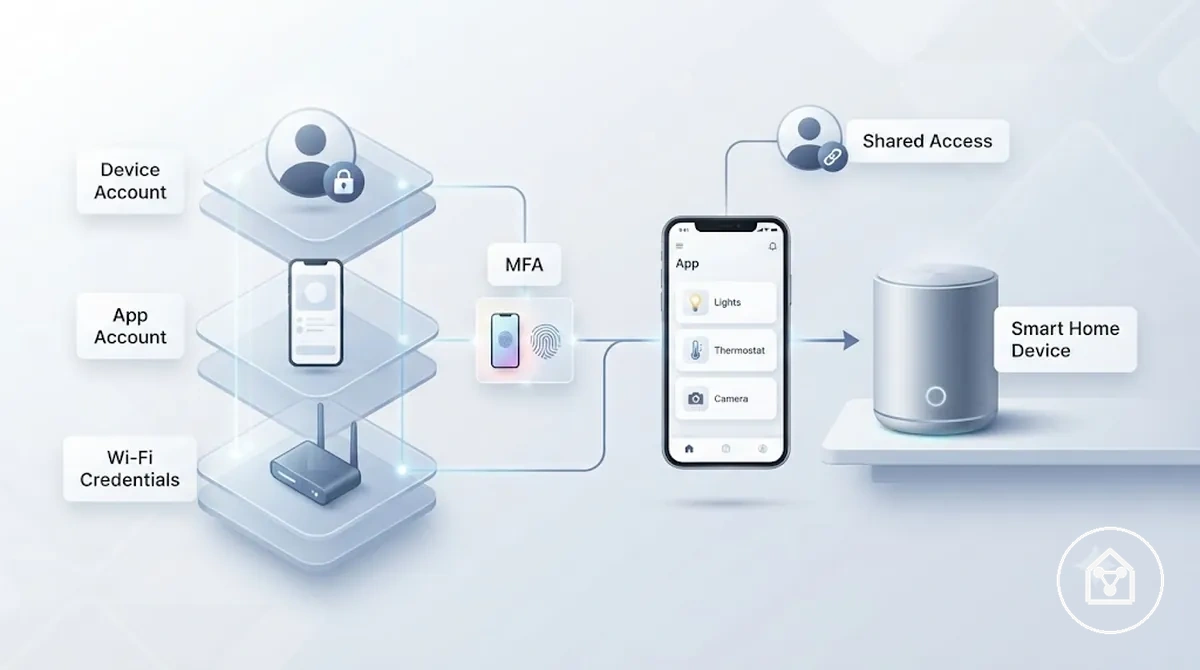 Diagram showing account, app, Wi-Fi, and multi-factor authentication layers for smart home device security