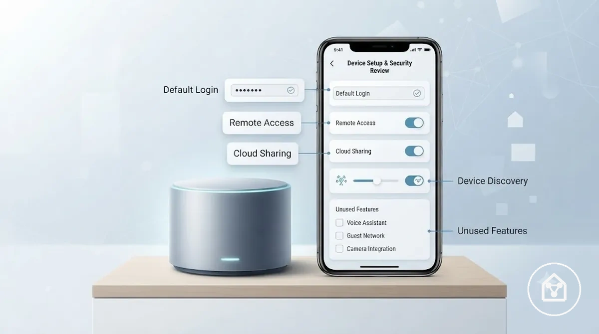 Annotated setup screen showing default credential and unused feature checks for a smart home device