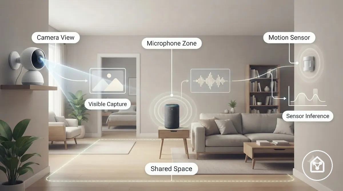Annotated smart home room showing camera, microphone, and sensor privacy exposure in a shared space.