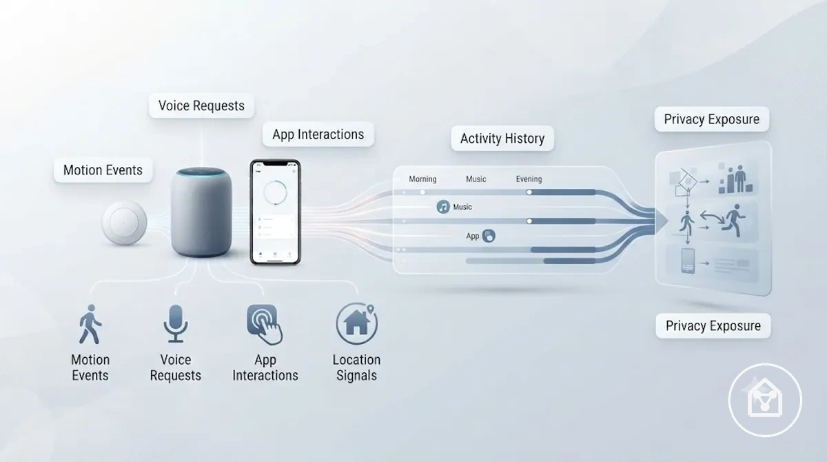 Annotated example showing how smart home device logs can reveal household routines and activity patterns.
