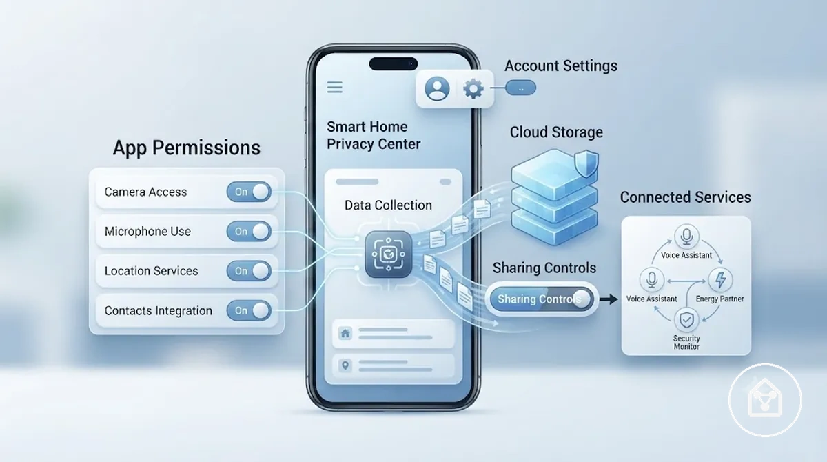 Annotated smart home app privacy settings showing permissions, cloud storage, sharing controls, and connected services.