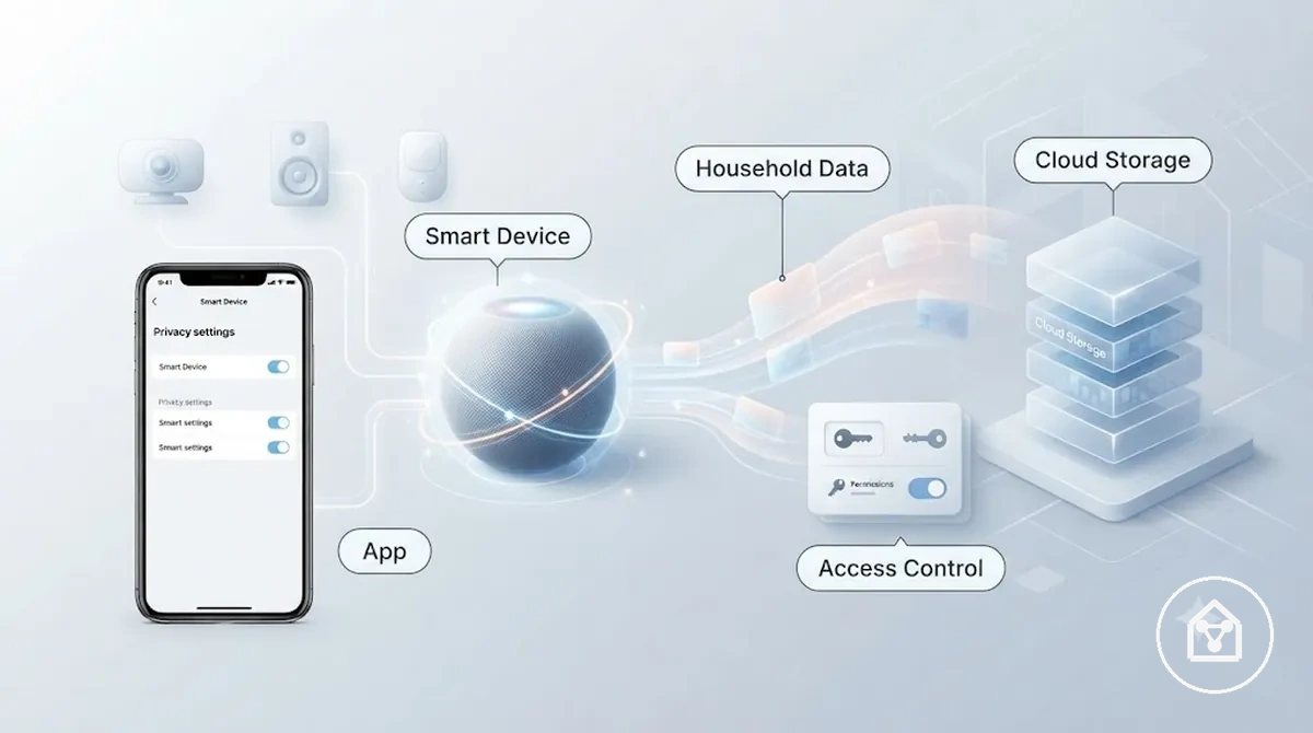 Diagram showing how smart home device privacy connects devices, apps, household data, and access controls.