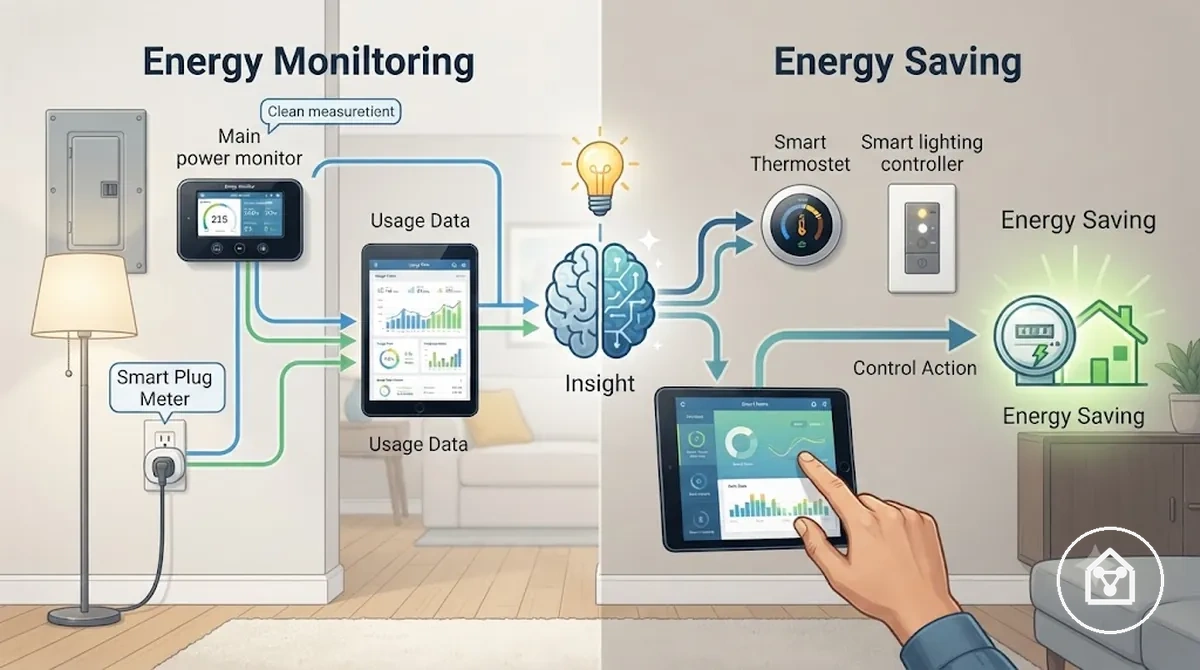 Smart home energy monitoring display compared with control actions that reduce electricity waste