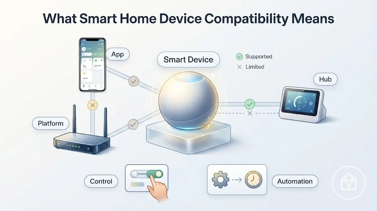 Smart home device compatibility shown through app, network, hub, and control support