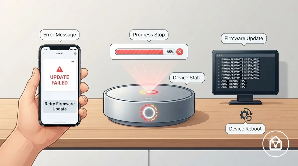 Mensaje de actualización de firmware fallida con progreso detenido e indicador de estado del dispositivo