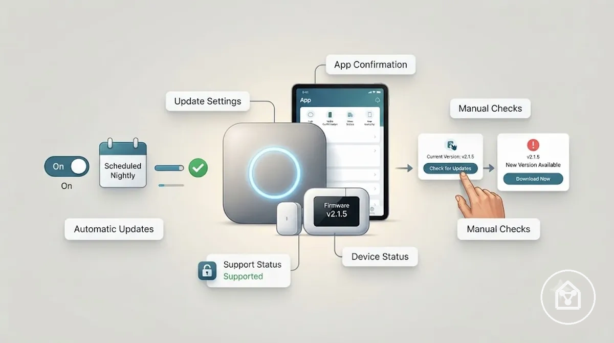 Comparación de dispositivos del hogar inteligente que muestra ajustes de actualización automática y comprobaciones manuales de versiones