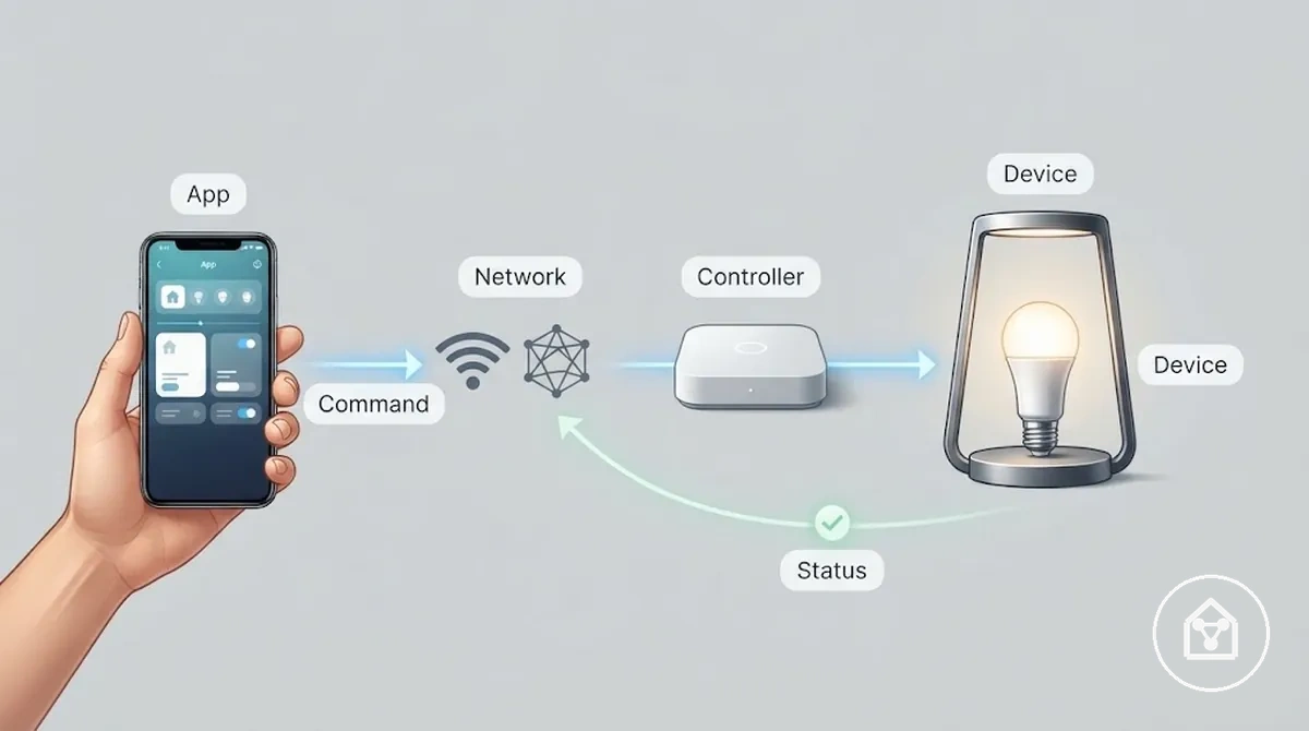 Ruta de control de hogar inteligente anotada desde la aplicación a través de la red hasta la respuesta y el estado del dispositivo