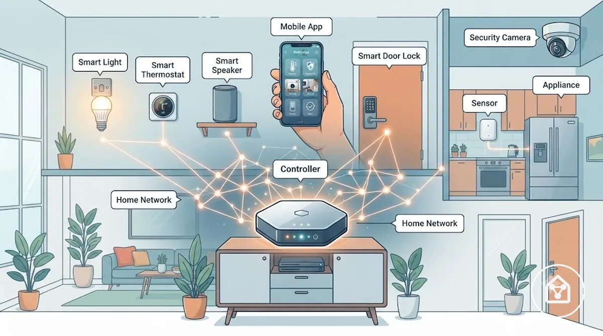 Dispositivos de hogar inteligente conectados comunicándose a través de una red doméstica