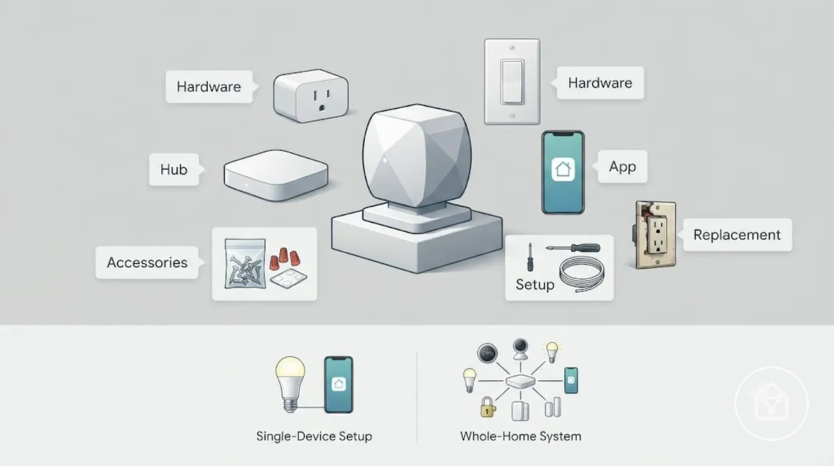Composantes du coût des objets connectés incluant le matériel, le hub, l’application, les accessoires et l’installation