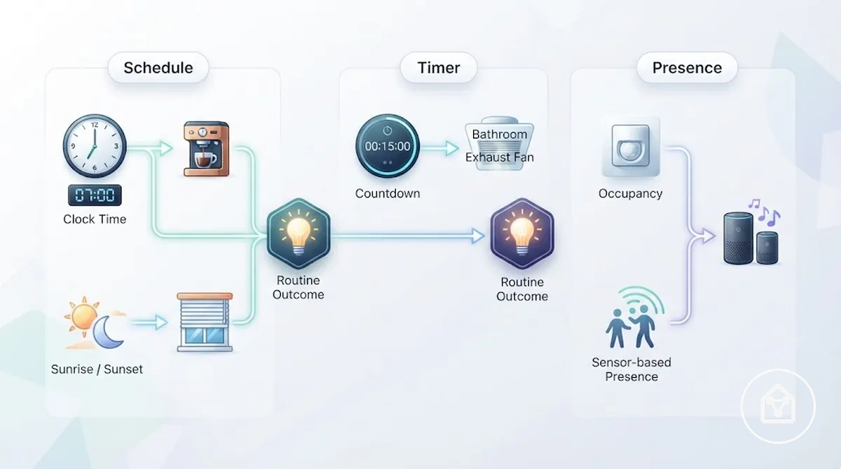 Graphique comparatif montrant les programmations, minuteries et routines basées sur la présence pour maison connectée