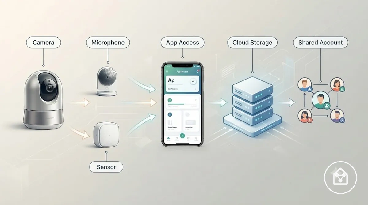 Diagramme des risques pour la confidentialité provenant des caméras, capteurs, applications, stockage cloud et accès partagé des objets connectés domestiques.
