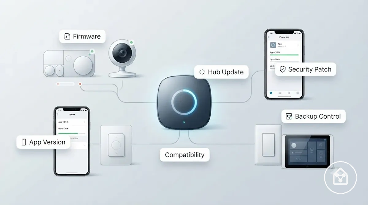 Dispositivos inteligentes mostrando atualizações de firmware, verificações de versão do aplicativo e status de atualização do hub