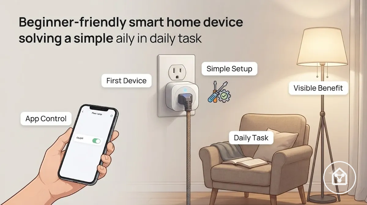 Dispositivo de casa inteligente para iniciantes mostrando controle simples por aplicativo para uma tarefa doméstica diária