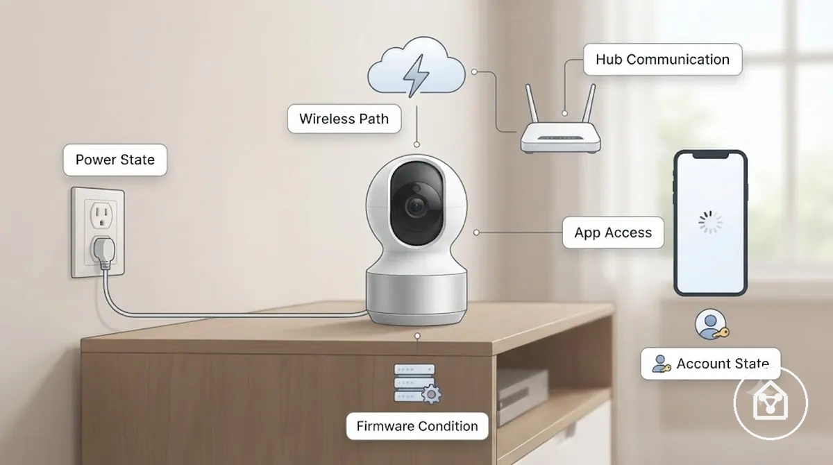 Diagrama de causas comuns de problemas em dispositivos de casa inteligente, incluindo energia, Wi-Fi, hub, aplicativo e firmware