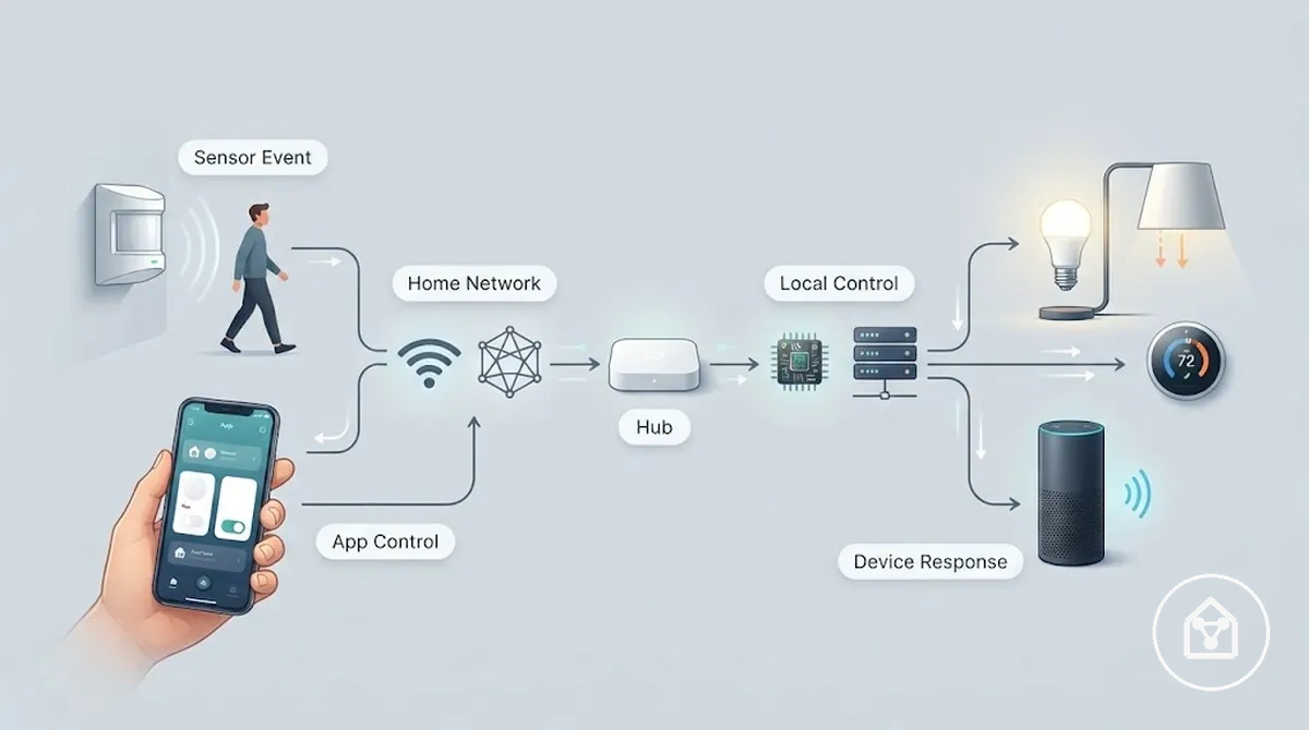 Diagrama mostrando como dispositivos de casa inteligente enviam comandos por meio de um aplicativo, rede, hub e resposta do dispositivo