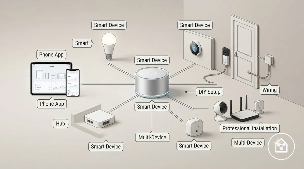 Configuração de casa inteligente mostrando dispositivo, aplicativo, hub e pontos de integração que podem afetar o custo