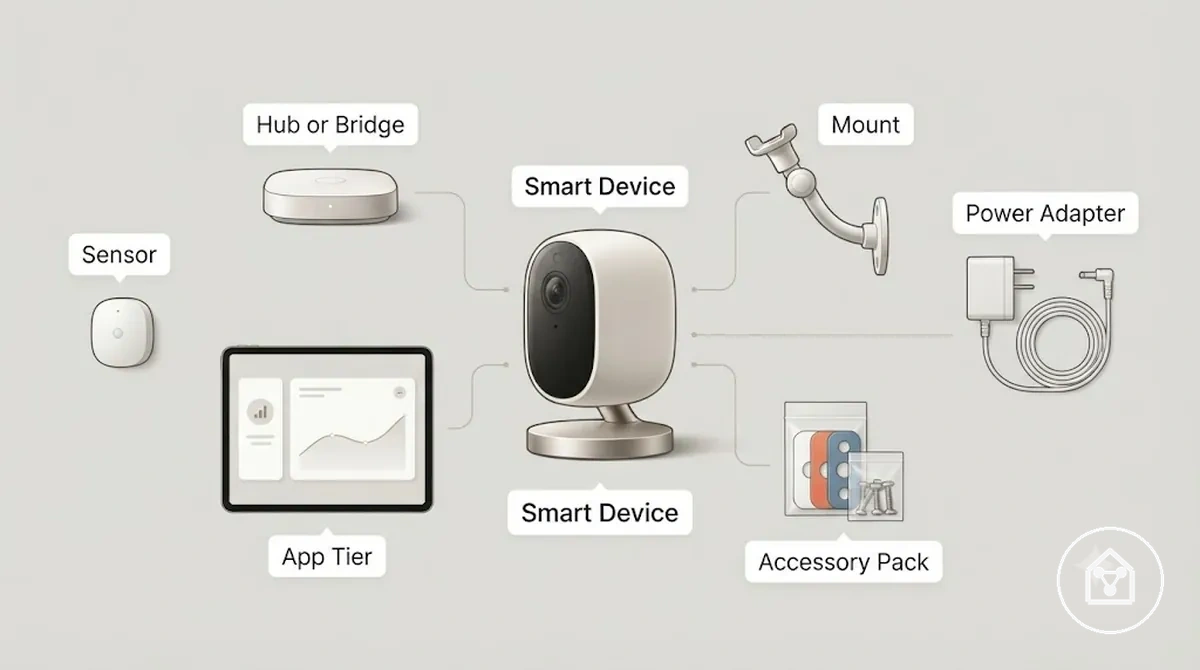 Configuração anotada de dispositivo de casa inteligente mostrando partes de custo de hardware, hub, aplicativo e acessórios