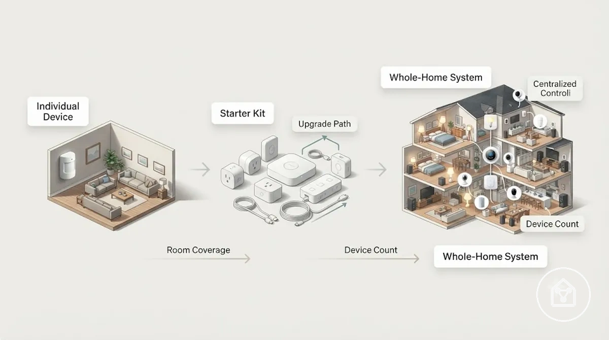 Comparação de dispositivos individuais de casa inteligente, kits iniciais e sistemas para toda a casa por limite de custo