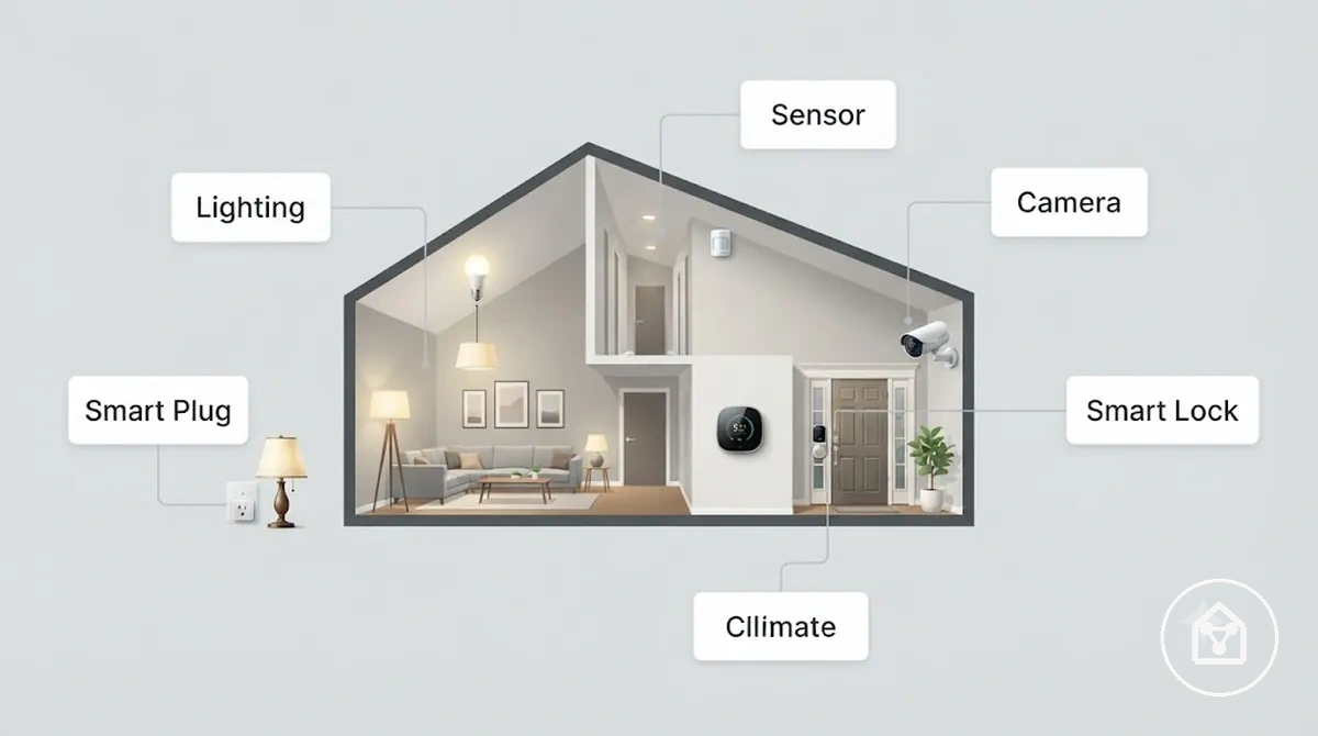 Iluminação, tomadas, sensores, câmeras, fechaduras e dispositivos climáticos usados em aplicações comuns de casa inteligente