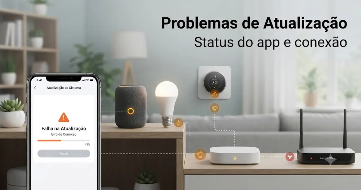 Problema de atualização em um dispositivo de casa inteligente mostrado com status do aplicativo e indicadores de conexão