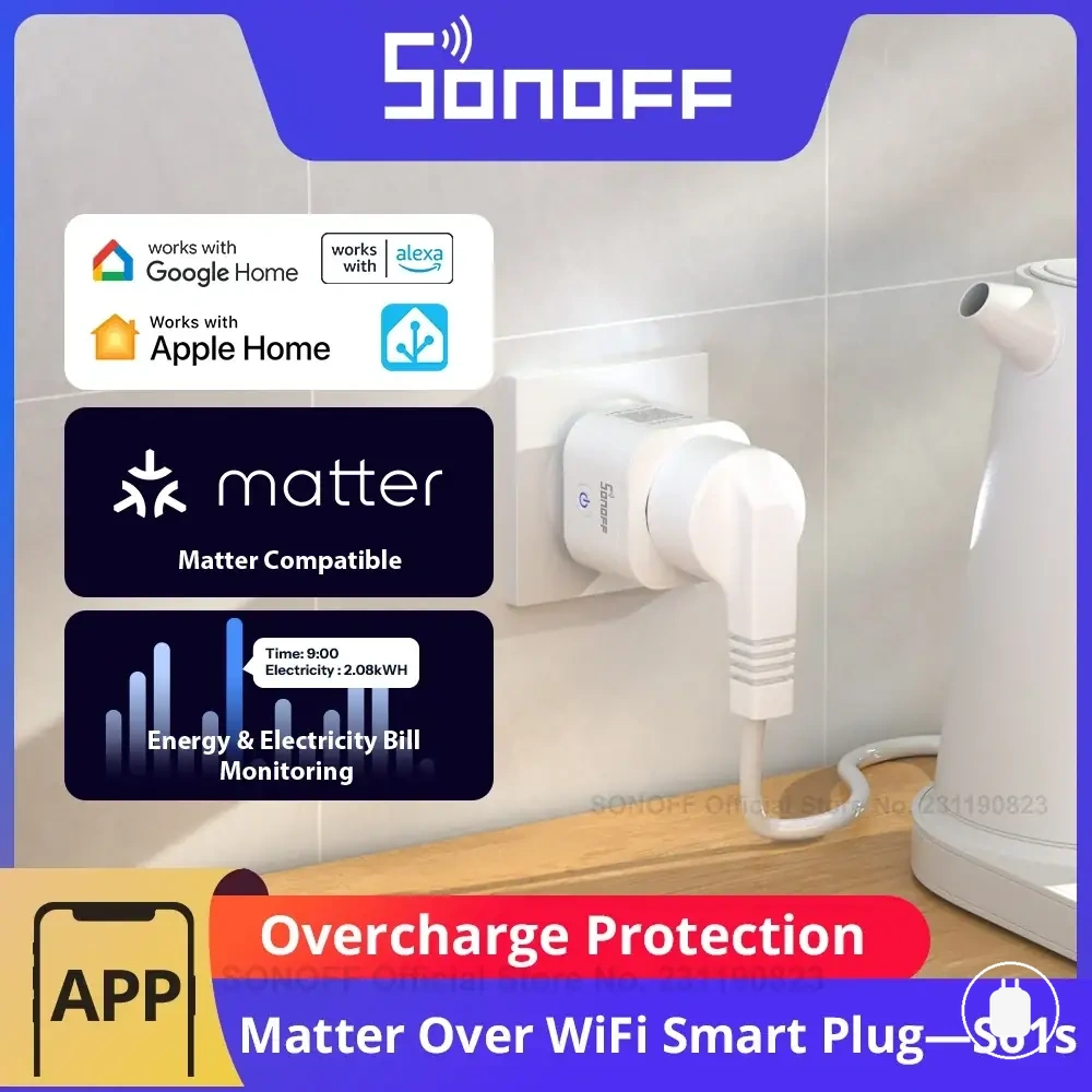 فيش Matter WiFi ذكي مع مراقبة استهلاك الطاقة والحماية