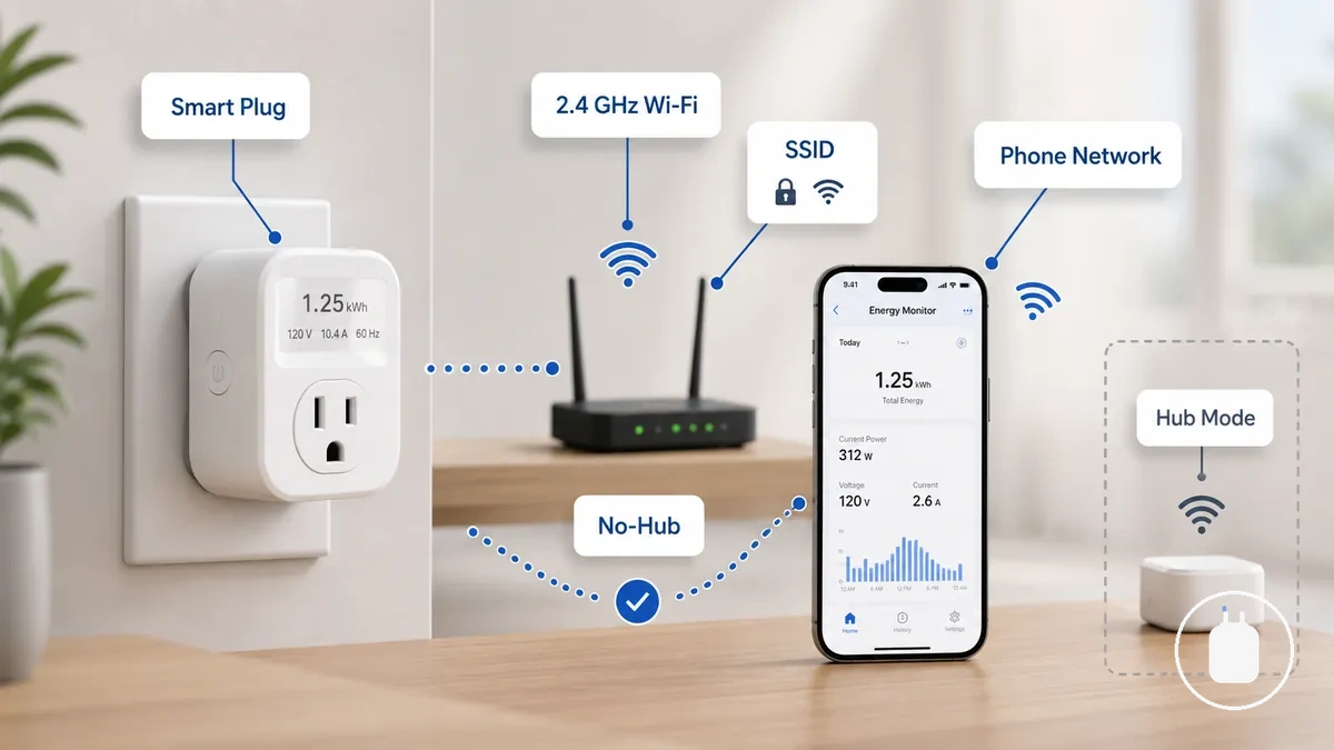 ظروف اتصال Wi-Fi بتردد 2.4 جيجاهرتز والتوصيل بدون محور لإعداد القابس الذكي تظهر متطلبات الاتصال