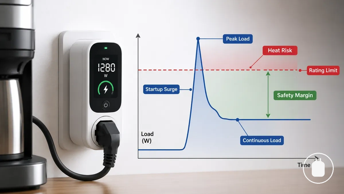 Diagramm, das Dauerlast und Spitzenlast im Verhältnis zum Nennwert einer smarten Steckdose zeigt