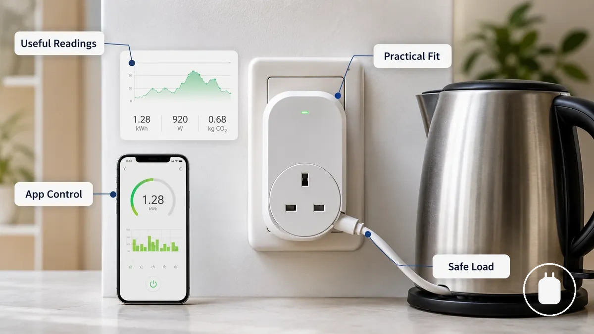 Illustration einer smarten Steckdose mit Energieüberwachung, Nutzungsdaten und zentralen Kaufkriterien