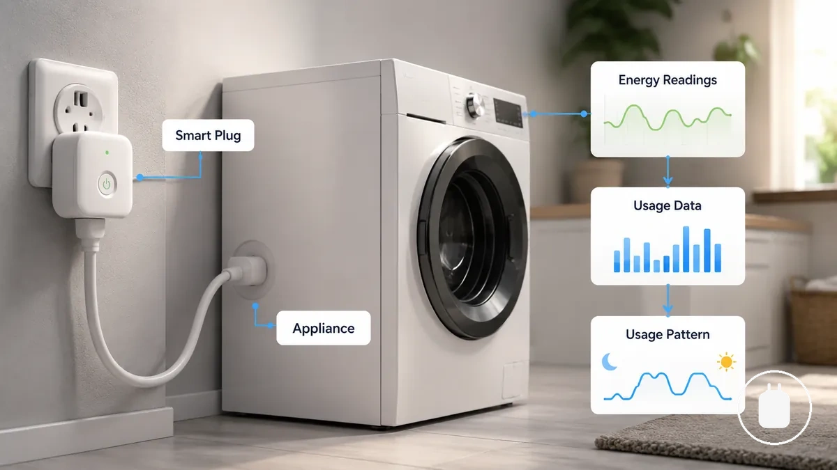 Smarte Steckdose mit Energieüberwachung zeigt Stromverbrauchsmuster eines Geräts
