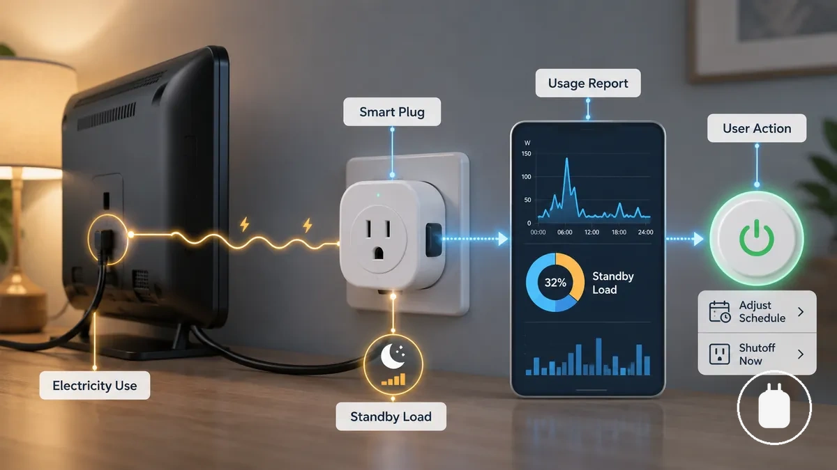 Diagramm, das zeigt, wie eine smarte Steckdose mit Energieüberwachung Stromverschwendung durch Gerätenutzung identifiziert