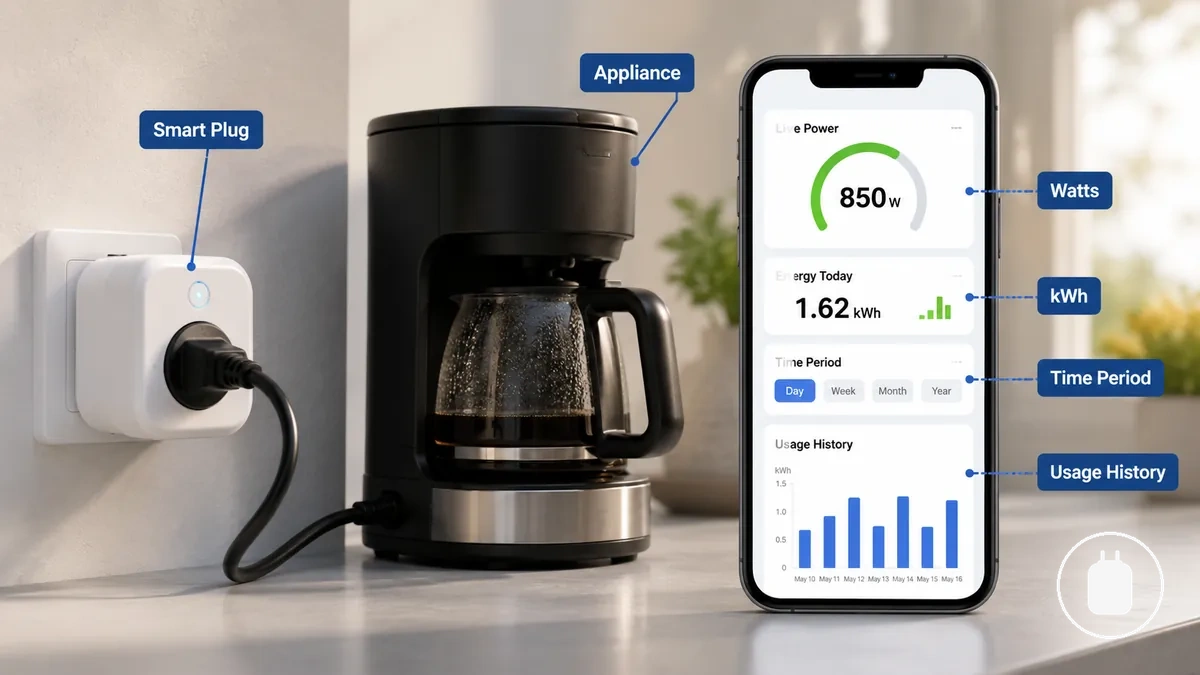App einer smarten Steckdose mit Energieüberwachung, die Nutzungsdatenbeschriftungen für ein angeschlossenes Gerät anzeigt