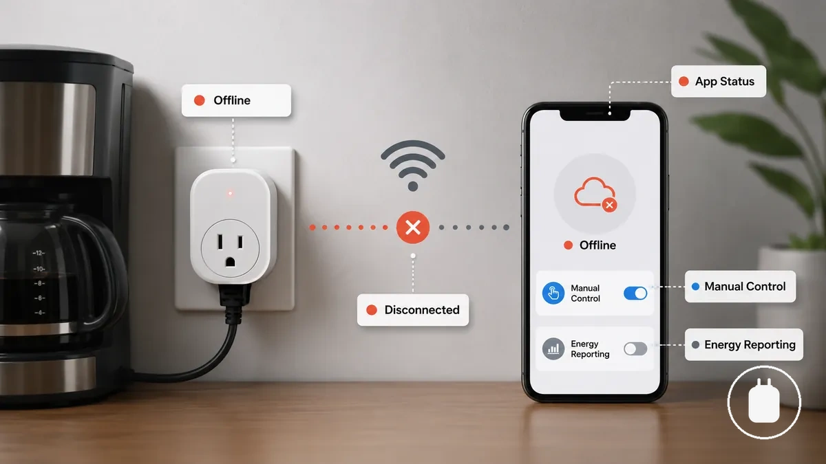 Smart plug offline, disconnected, or unresponsive states shown on an energy monitoring smart plug app screen