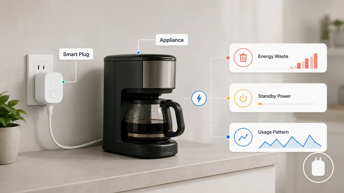 Energy monitoring smart plug identifying appliance energy waste opportunities