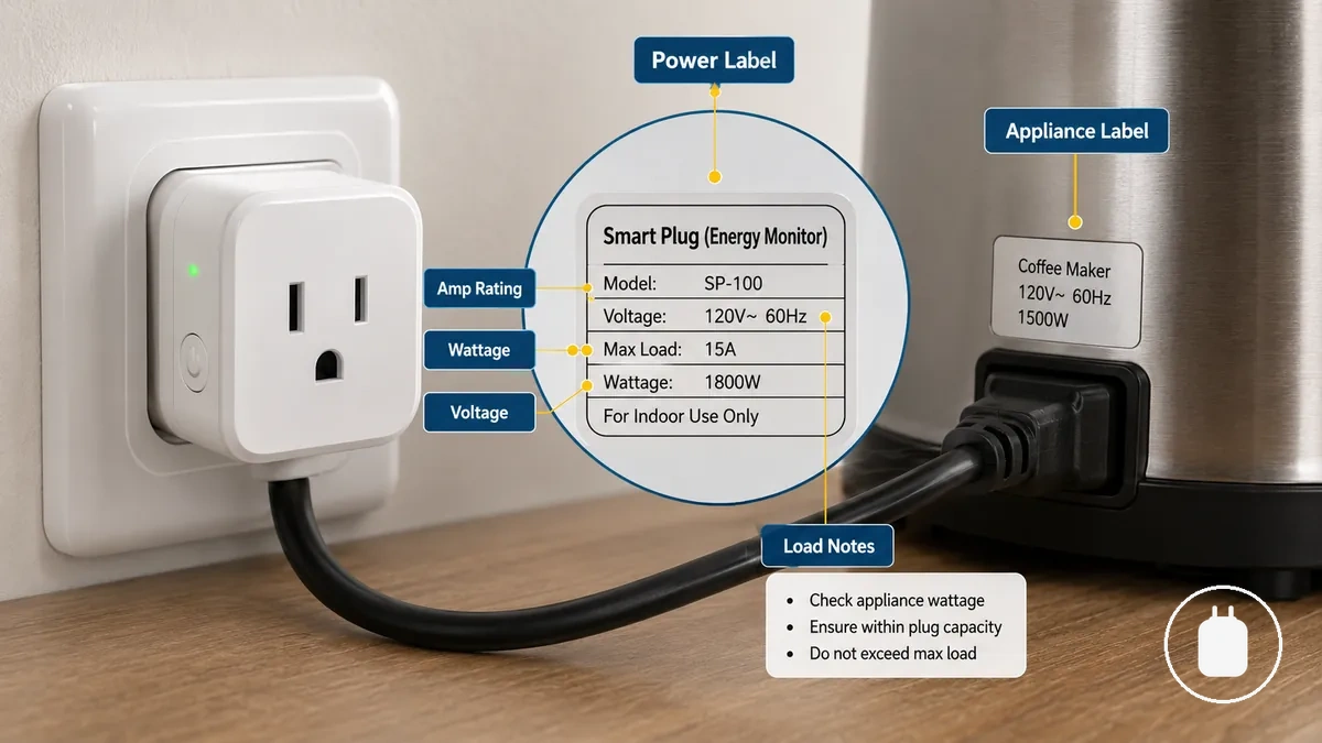 Annotated smart plug power rating label showing amp wattage and voltage information