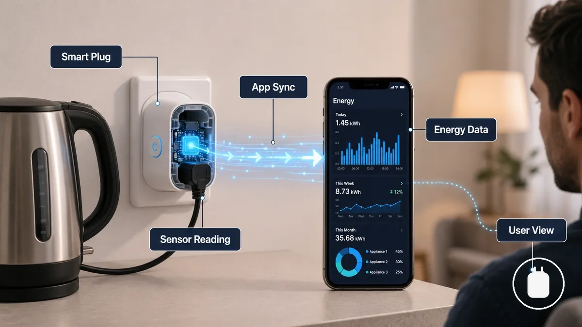 Diagrama que muestra cómo una app de enchufe inteligente recopila datos de consumo energético de un enchufe conectado