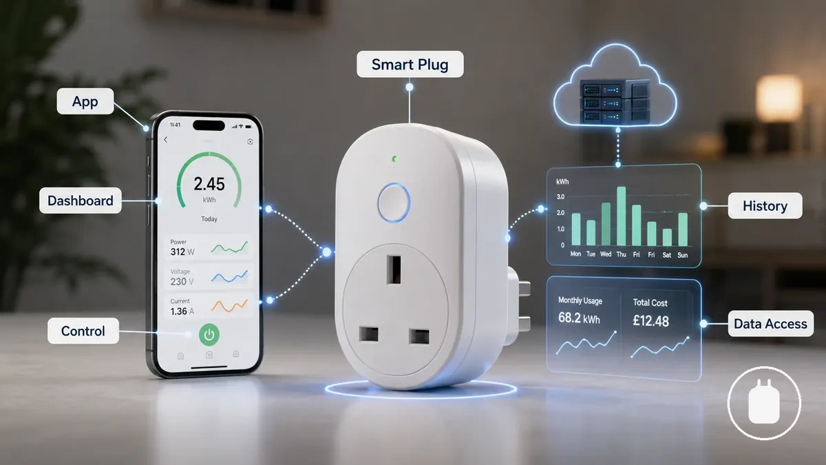 Enchufe inteligente con medición de energía conectado a una app que muestra datos de energía