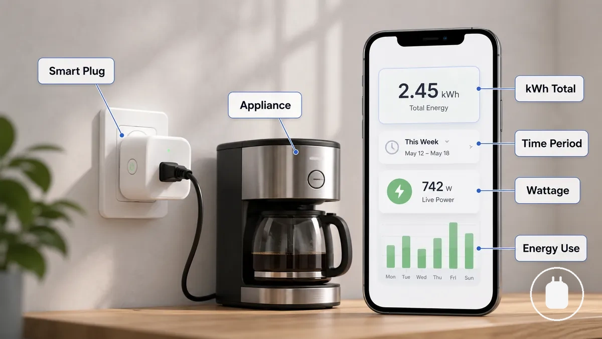 Aplicación de enchufe inteligente que muestra el total de energía en kWh para un electrodoméstico conectado durante un período seleccionado