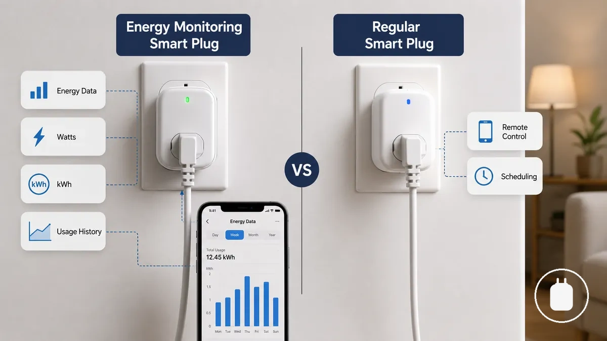 Comparación entre un enchufe inteligente con medición de energía y un enchufe inteligente normal que muestra la capacidad de medición de consumo