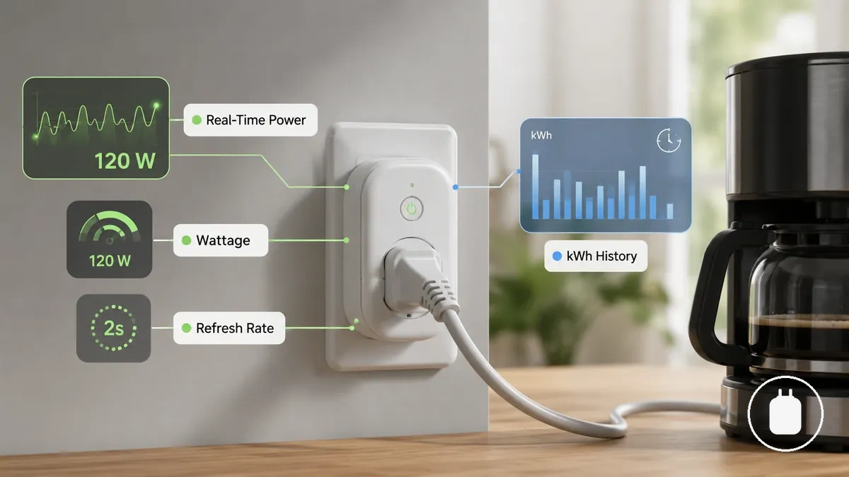 Enchufe inteligente con medición de energía que muestra energía en tiempo real y datos del historial de kWh