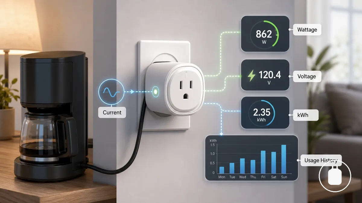 Aplicación de enchufe inteligente con medición de energía anotada que muestra lecturas de vatios y kWh con etiquetas de tiempo real e historial de uso