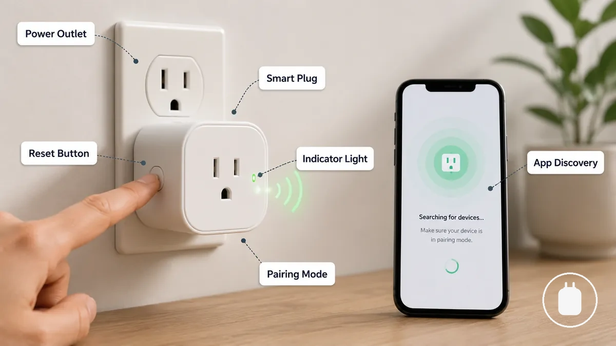 Enchufe inteligente en modo de emparejamiento con luz indicadora y contexto de detección en la aplicación