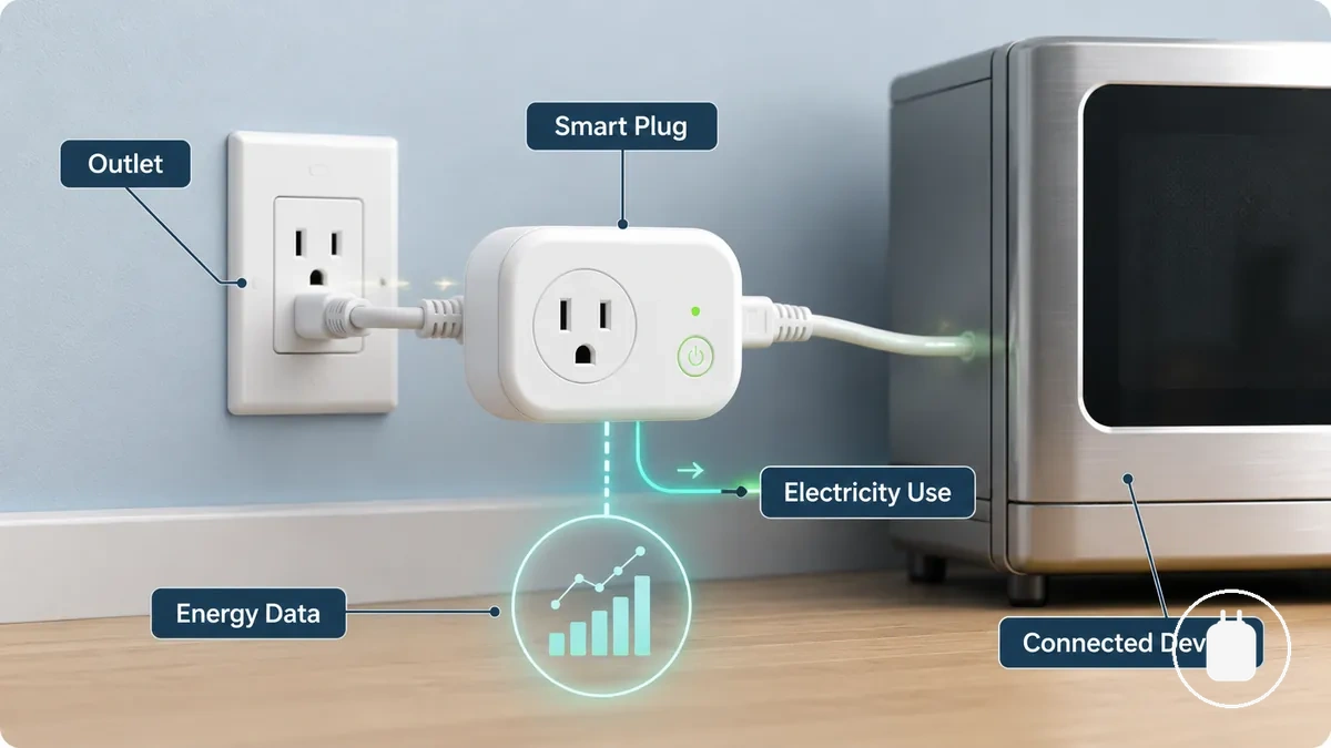 Enchufe inteligente con medición de energía conectado entre la toma de corriente y el electrodoméstico
