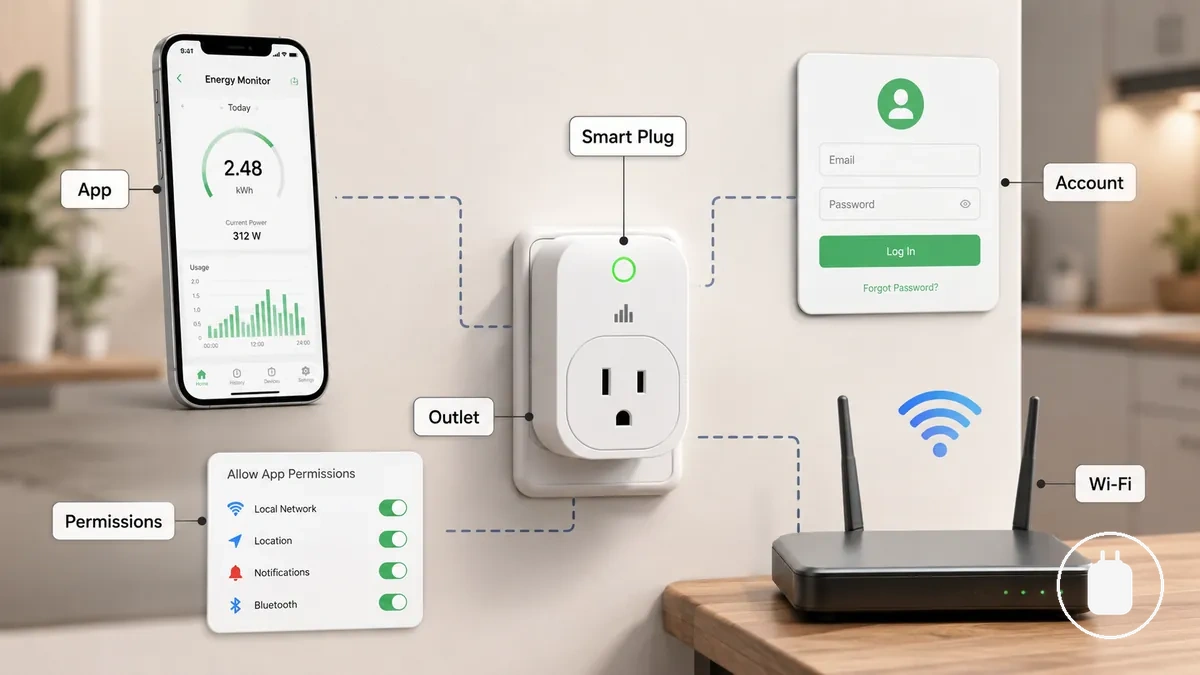 Requisitos de configuración de un enchufe inteligente con medición de energía que muestran un enchufe, una aplicación, un teléfono y condiciones de conexión