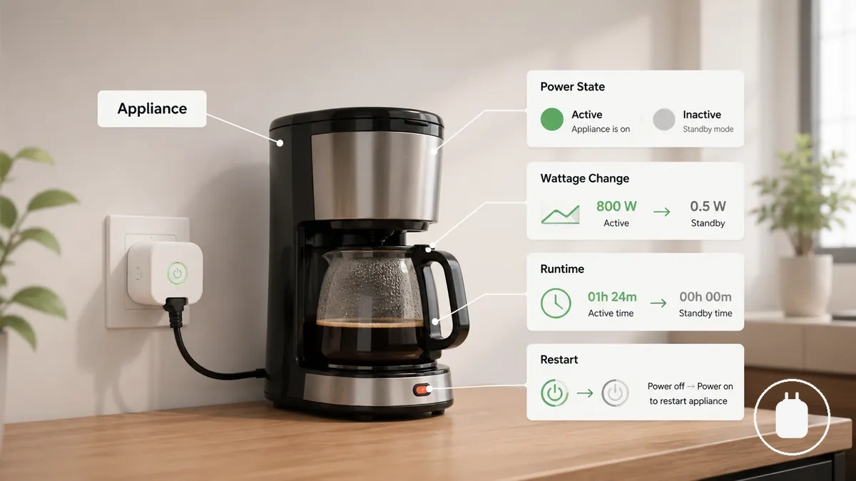 Appareil simple connecté à une prise connectée montrant les changements d état de puissance marche-arrêt et le suivi d utilisation