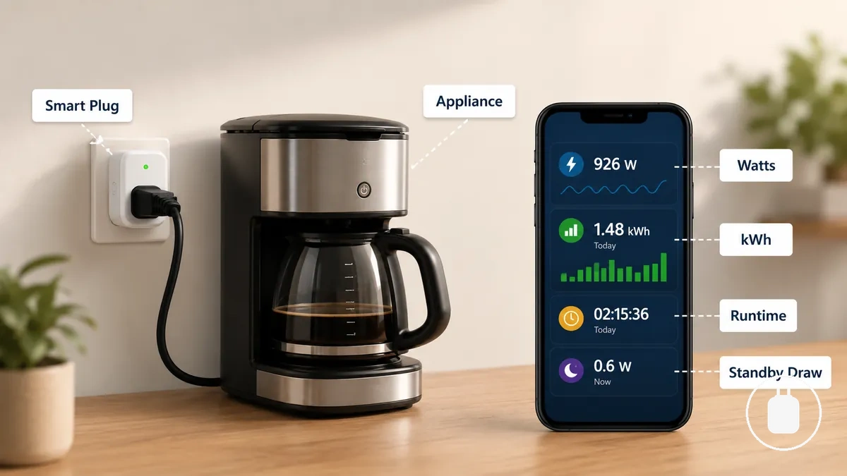 Prise connectée à un appareil, avec une application affichant les relevés de watts et de kilowattheures pour le suivi au niveau de la prise